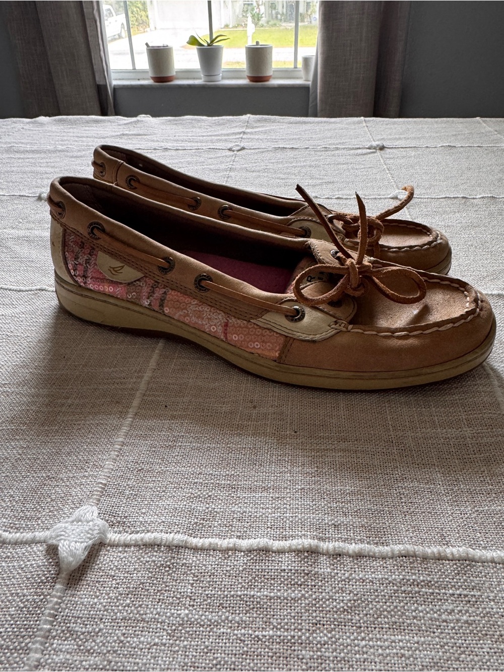 Sperry Tan Leather Moccasin Boat Shoes with Pink Sequin Panel